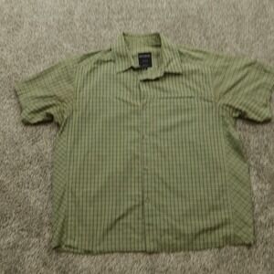 Smith Center shirt L Men's Green Plaid Short Sleeve Button‎ up usa zip pocket